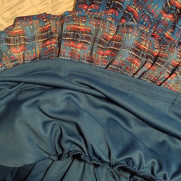 Aqua/Pendleton Womens Ruffled V-Neck Blue Southwest Print Shimmer Mini Dress XS - Picture 8 of 9